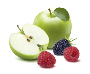 Green apple raspberry blackberry 2 isolated on white background as package design baby food element