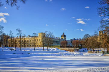 Gatchina, Leningrad oblast (Saint Petersburg suburbs), February 25, 2015, Russia. A view of the Gatchina Palace in the Palace Park. Shot at a bright winter day.