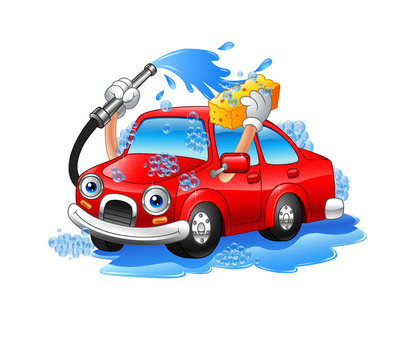 Cartoon funny car washing with water pipe and sponge