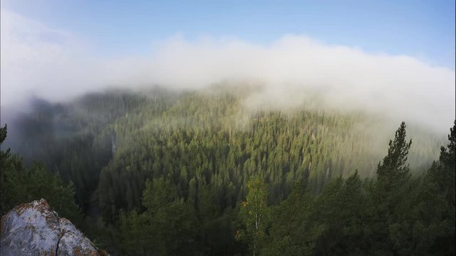fog in the mountains at dawn, the Siberian forest, time lapse