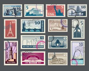 Travel, vacation, postage stamp with architecture and world landmarks - obrazy, fototapety, plakaty