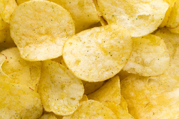 Close up potato chips on top view background.