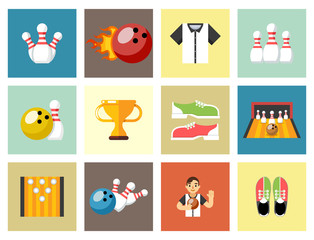 Bowling flat icons. Game signs