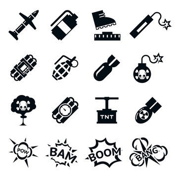 Bomb icons. Black and white bombs signs pictograms