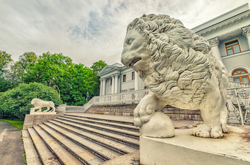 Saint Petersburg, Russia. The lion statues by the Yelagin palace.