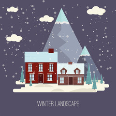 Fototapeta na wymiar Winter Snow Urban Countryside Landscape City Village Real Estate New Year Christmas Night and Day Background Modern Flat Design Icon Template Illustration Mountain top