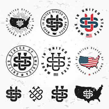 Made in USA monogram vector set. Vintage America logo design. Retro United States seal. US label illustration on grunge background. Hipster t-shirt graphic.