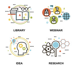 Set of education concepts, library, webinar, and research proces