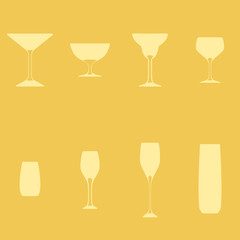 collection of glasses silhouette. Set of vector illustration of different drinks and cocktails. Vector icon izolated on pastel background. Design texture for bar or restaurant. Food and drink concept.