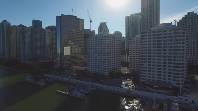 Aerial shot of the yachts and boats, roads and buildings of Miami Beach