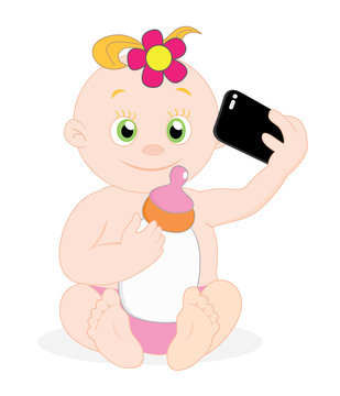 Baby girl taking selfie with milk bottle, vector illustration