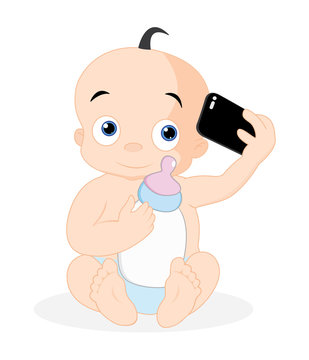 Baby taking selfie with milk bottle, vector illustration
