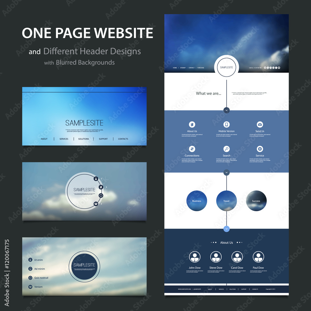 Canvas Prints one page website template and different header designs with blurred backgrounds