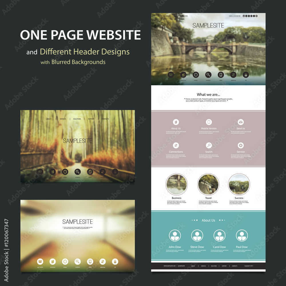 Wall mural one page website template and different header designs with blurred backgrounds