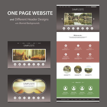 One Page Website Template and Different Header Designs with Blurred Backgrounds