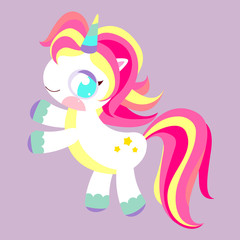 Pony Unicorn. Magic rainbow horse. Toy with multicolored mane. Children character.