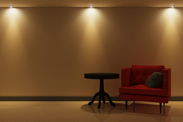 Interior with red armchair and artificial lighting. 3d illustration