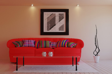 Living in a modern style with red sofa. 3d illustration