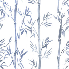 Hand-drawn watercolor seamless pattern with bamboo plant drawing. Repeated background with bamboo