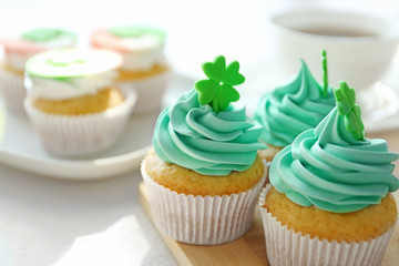Tasty cupcakes on table. Saint Patrics Day concept