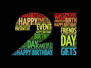 Happy 21st birthday word cloud collage concept