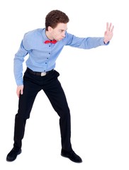 Referee suit and tie butterfly separates boxers. referee gives the command to stop.