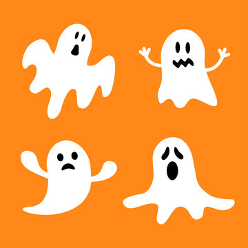Funny flying ghost set.Different emotions face. Happy Halloween. Greeting card. Cute cartoon character. Scary spirit. Baby collection. Orange background. Flat design.