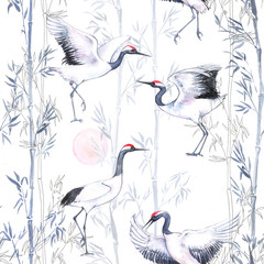 Hand-drawn watercolor seamless pattern with white Japanese dancing cranes. Repeated background with delicate birds and bamboo - 120071722