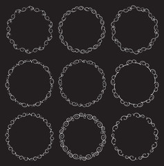 Set of 9 vector decorative round frames on black background