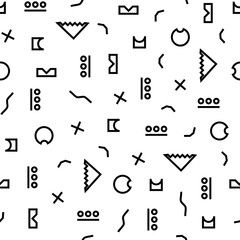 Geometric vector pattern with black and white. Form a triangle, a line, a wavy line, a curve, a cross, a circle. Memphis style