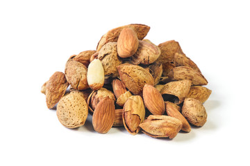 Roasted Almond nut in shell and shelled isolated on white background