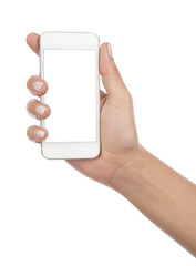 Female hand holding mobile smart phone with blank screen isolated on white background