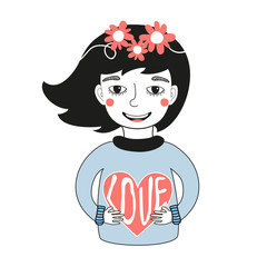 Vector illustration with cute black hair girl holding heart with word Love