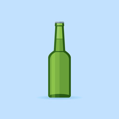 Green glass beer bottle isolated on blue background. Flat style icon. Vector illustration.