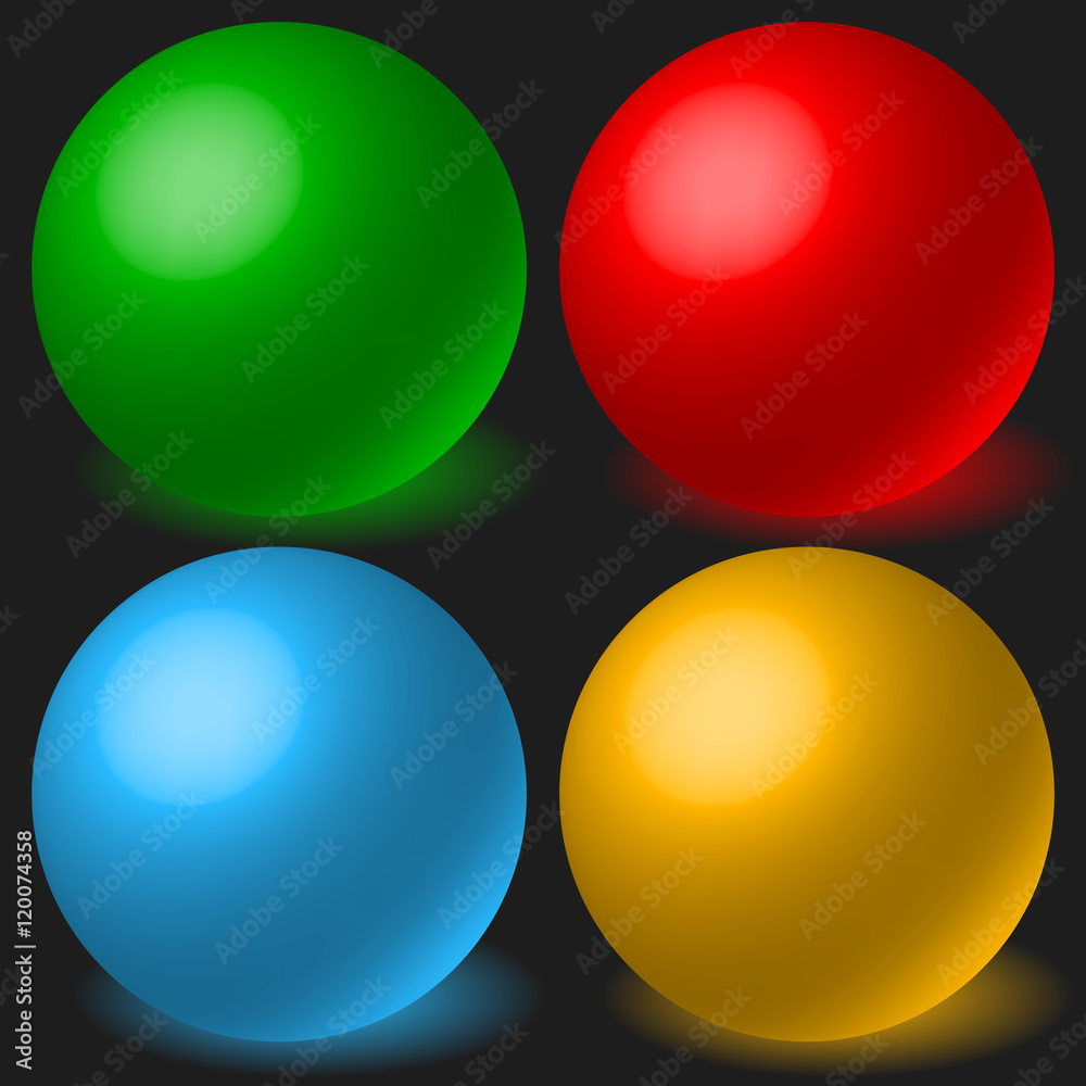 Poster set of 4 spheres with glowing shadow. spatial, 3d balls, orbs.
