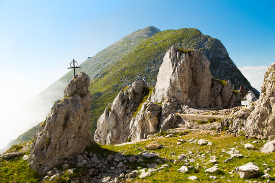 Monument of World War 1 on Mountain Batognica, in the background the top of Mountain Krna, Julian Alps, Slovenia