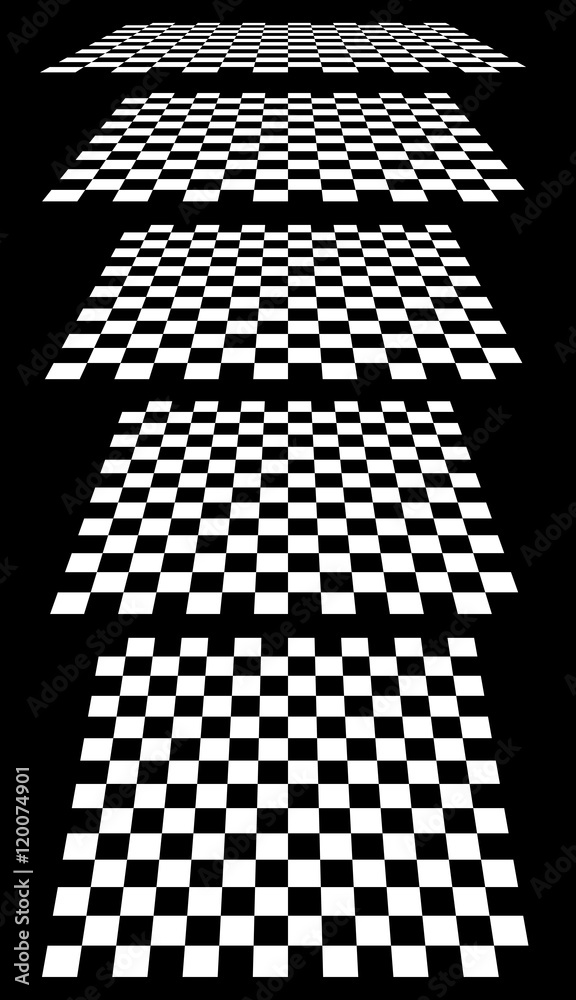 Poster set of chess, checkered boards in perspective
