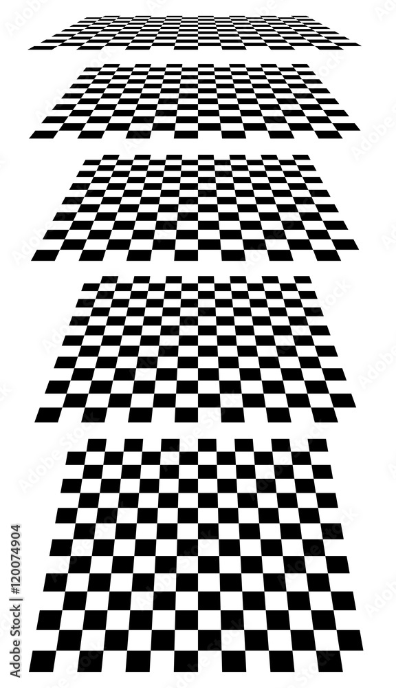 Poster set of chess, checkered boards in perspective
