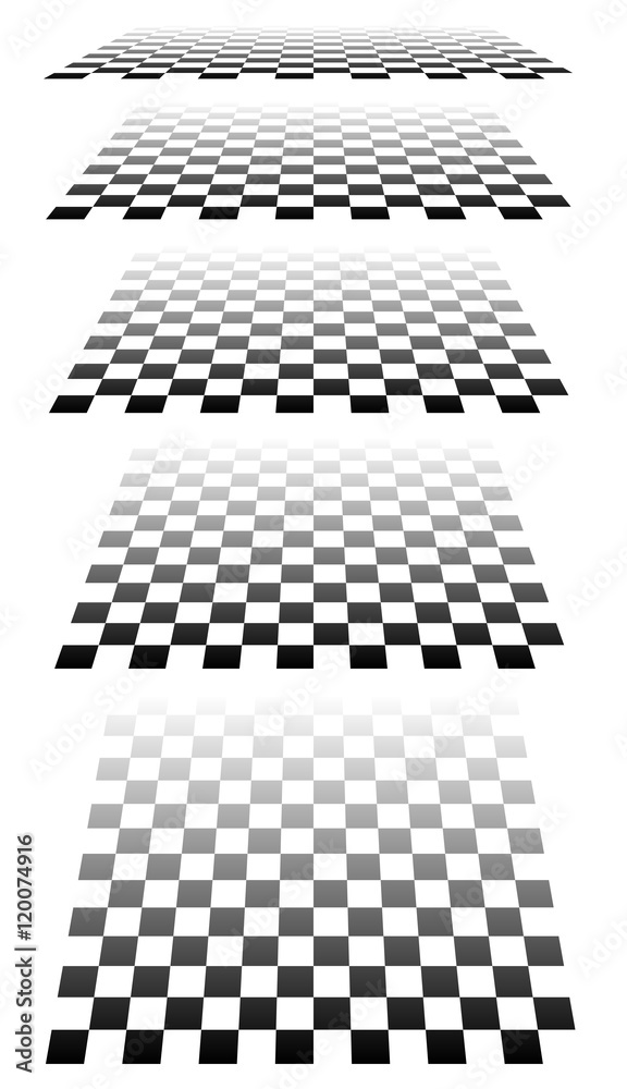Poster set of chess, checkered boards in perspective