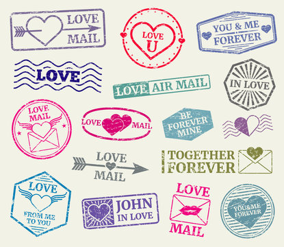 Romantic postage stamp vector set for valentines day card, love letters