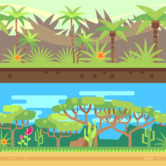 Fototapeta na wymiar Horizontal seamless tropical forest jungle background in cartoon flat style. Vector illustration