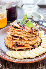 Pancakes with Banana and Strawberry Jam