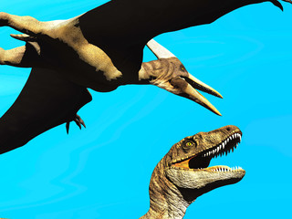 Velociraptor and pterodactyl 3d rendering © satori