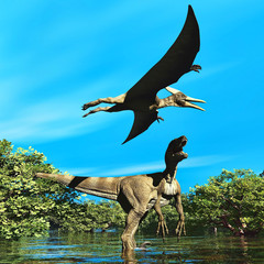 Velociraptor and pterodactyl 3d rendering © satori