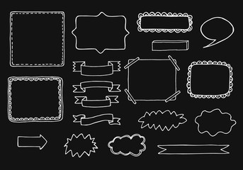 Set of vector hand drawn frames. Collection of editable squared frames on black background. Hand sketched deign elements. Good for book illustration, card design and menu cover.