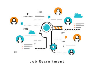 Line flat vector business design and infographic elements for job candidate evaluation, interviewing, assessment, recruiting, resources and corporate management, hiring, employment, career concept. 