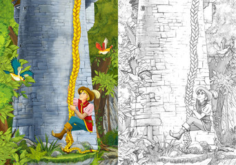 Cartoon scene of a nobleman - some prince or traveler - climbing on the tower - with coloring page - illustration for children