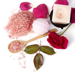 pink rose with bath salt and candle