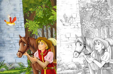Cartoon scene of a nobleman - some prince or traveler - his horse is nearby - with coloring page - illustration for children