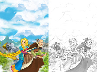 Cartoon scene of a with flying on a broomstick with young girl - in background collapsing medieval tower - beautiful manga girl - with coloring page - illustration for children